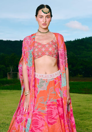 Dinnie sunset orange cape and lehenga set