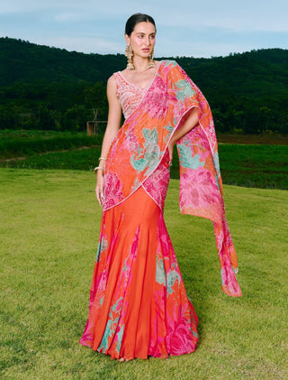 Debbera sunset orange drape sari and blouse
