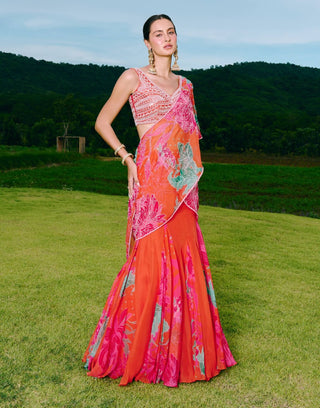 Debbera sunset orange drape sari and blouse