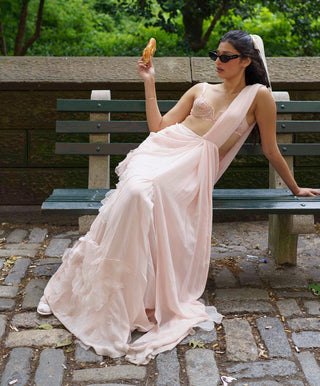 Pink Embroidered Bralette And Georgette Sari by The Little Black Bow available on Indiaspopup
