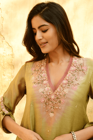 Niti Bothra-Olive Green Mystic Knot Ombre Kurta And Pants-INDIASPOPUP.COM