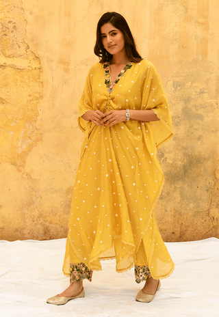 Niti Bothra-Yellow Orchid Heavy Kaftan And Palazzo-INDIASPOPUP.COM