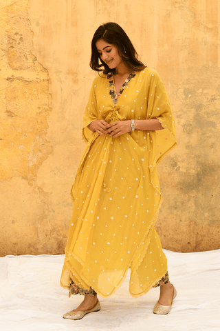 Niti Bothra-Yellow Orchid Heavy Kaftan And Palazzo-INDIASPOPUP.COM
