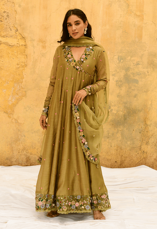 Niti Bothra-Olive Green Orchid Overlap Angrakha Set-INDIASPOPUP.COM