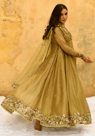 Niti Bothra-Olive Green Orchid Overlap Angrakha Set-INDIASPOPUP.COM
