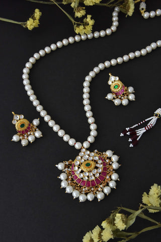 Swabhimann Jewellery-Pearl Long Necklace And Earring Set-INDIASPOPUP.COM