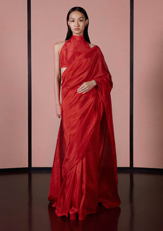 Ekaya-Ruby Red Silk Sari And Unstitched Blouse-INDIASPOPUP.COM