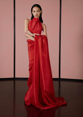 Ekaya-Ruby Red Silk Sari And Unstitched Blouse-INDIASPOPUP.COM