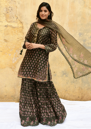 Niti Bothra-Green Dotted Cascade Sharara Set-INDIASPOPUP.COM