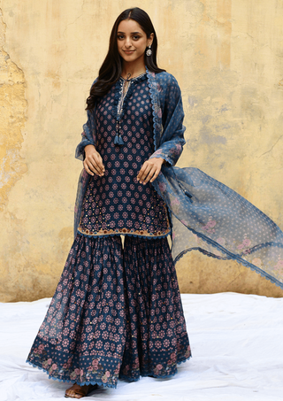 Niti Bothra-Blue Dotted Cascade Sharara Set-INDIASPOPUP.COM