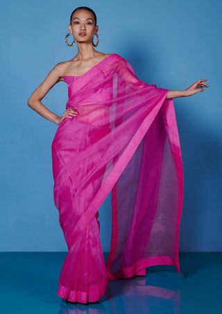 Ekaya-Fuschia Pink Organza Sari And Unstitched Blouse-INDIASPOPUP.COM