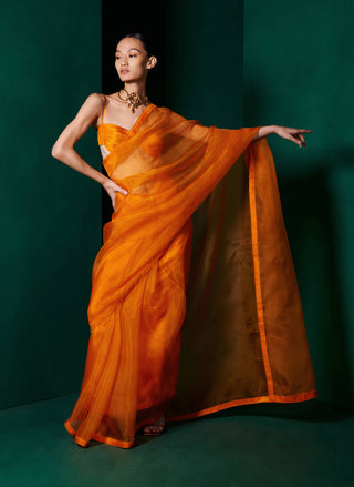 Ekaya-Tangerine Orange Organza Sari And Unstitched Blouse-INDIASPOPUP.COM