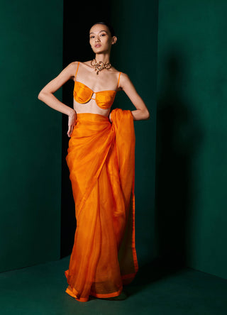 Ekaya-Tangerine Orange Organza Sari And Unstitched Blouse-INDIASPOPUP.COM