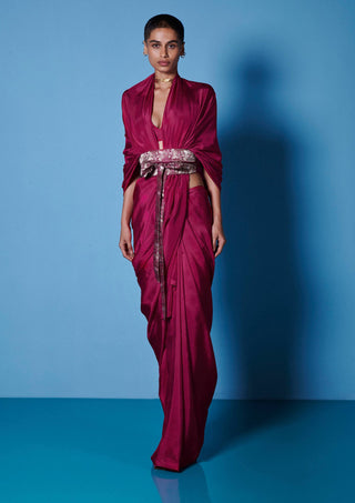 Ekaya-Sangria Red Silk Sari And Unstitched Blouse-INDIASPOPUP.COM
