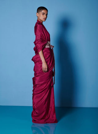 Ekaya-Sangria Red Silk Sari And Unstitched Blouse-INDIASPOPUP.COM