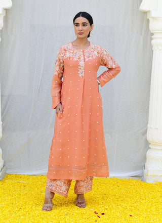 Niti Bothra-Peach Long Kurta And Pants-INDIASPOPUP.COM
