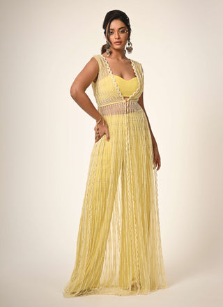 Yellow embroidered cape and pant set