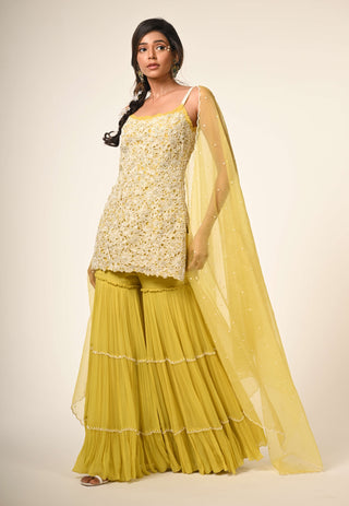 Yellow floral cutwork kurta and sharara set