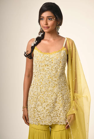 Yellow floral cutwork kurta and sharara set