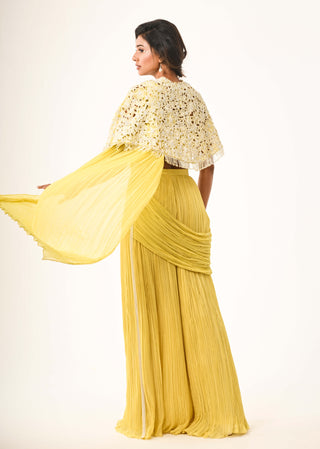 Yellow bustier, cape and drape gathered sari