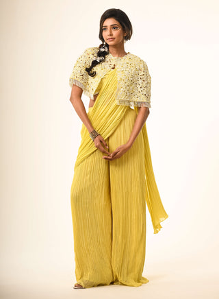 Yellow bustier, cape and drape gathered sari