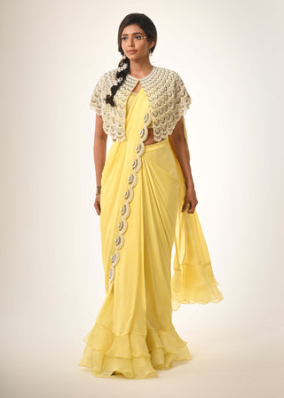 Yellow bustier, cape and drape sari