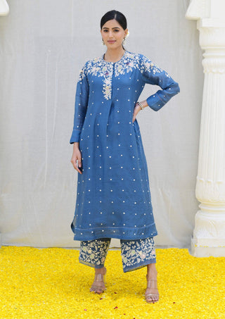 Niti Bothra-Jean Blue Long Kurta And Pants-INDIASPOPUP.COM