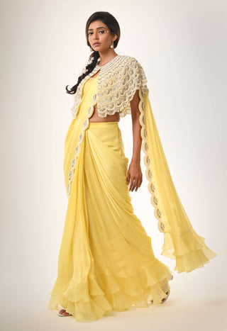 Yellow bustier, cape and drape sari