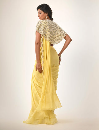 Yellow bustier, cape and drape sari