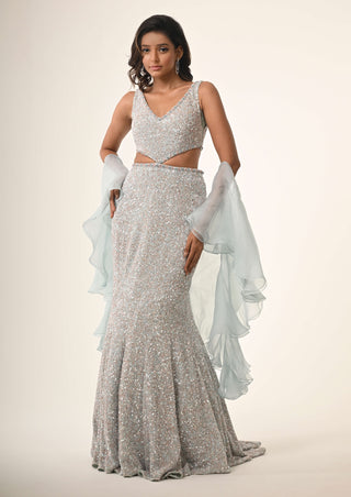 Powder blue fish cut gown and dupatta