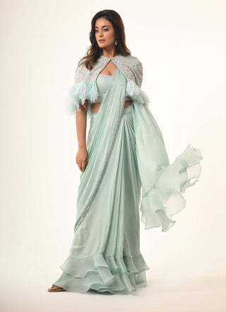 Powder blue ruffle sari and cape set