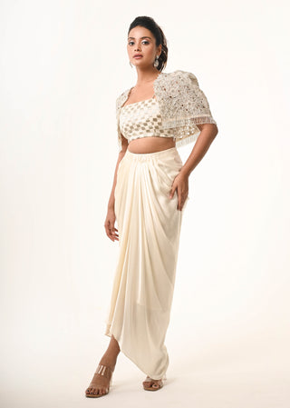 Ivory floral cutwork cape and drape skirt set