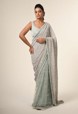 Powder blue embroidered sari and blouse