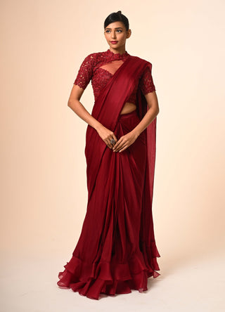 Red layered ruffle sari and blouse