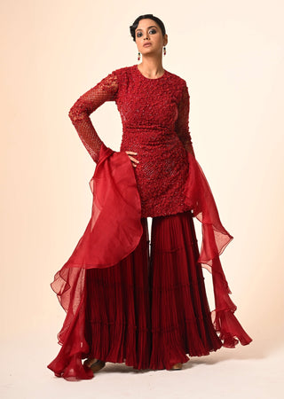 Red floral jaal  kurta and layered sharara set