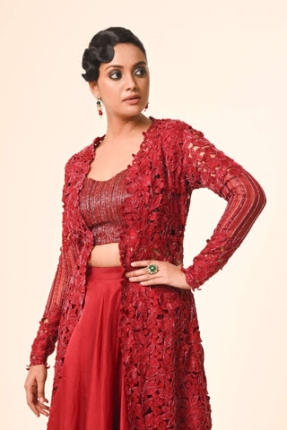 Red cutwork jacket and flared skirt set