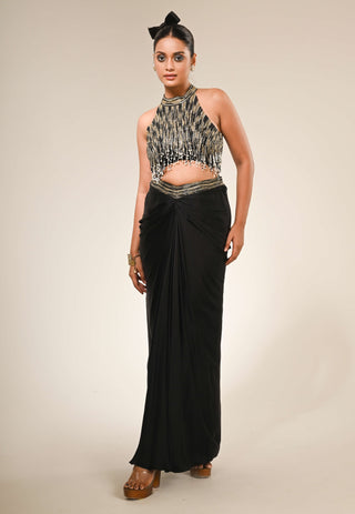 Black cutdana halter neck and drape skirt