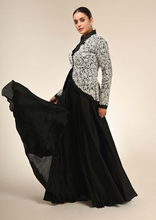 Black floral cutwork jacket and flared pants