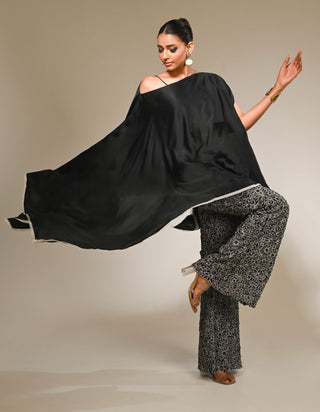 Black satin asymmetric kaftan and pants