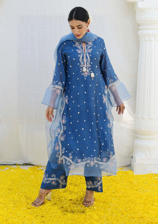 Niti Bothra-Jean Blue Reef Long Kurta Set-INDIASPOPUP.COM