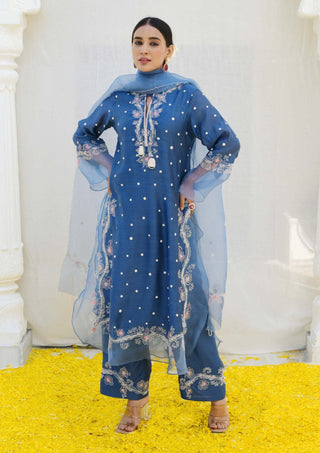 Niti Bothra-Jean Blue Reef Long Kurta Set-INDIASPOPUP.COM