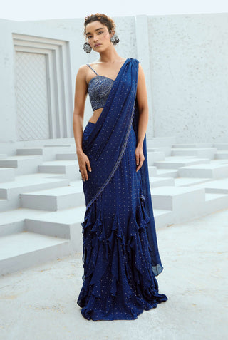 Stella Blue Pre-Drape Sari And Blouse by Chamee And Palak available on Indiaspopup