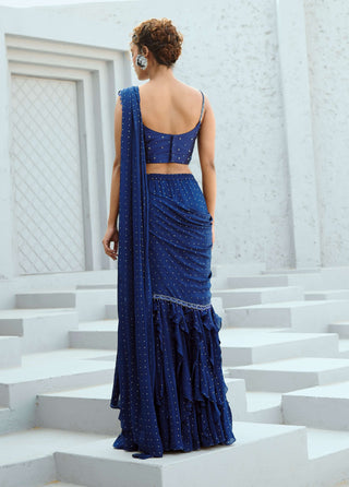 Stella Blue Pre-Drape Sari And Blouse by Chamee And Palak available on Indiaspopup