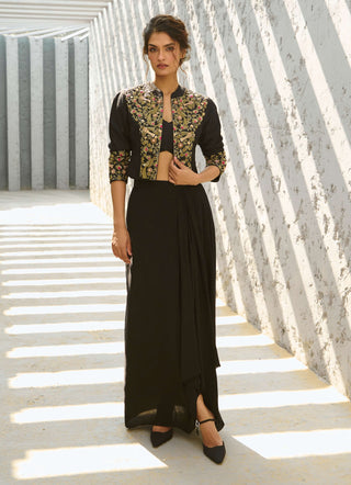 Parakeet Black Jacket And Draped Skirt Set by Chamee And Palak available on Indiaspopup