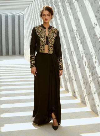 Parakeet Black Jacket And Draped Skirt Set by Chamee And Palak available on Indiaspopup
