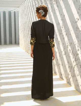 Parakeet Black Jacket And Draped Skirt Set by Chamee And Palak available on Indiaspopup