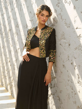 Parakeet Black Jacket And Draped Skirt Set by Chamee And Palak available on Indiaspopup