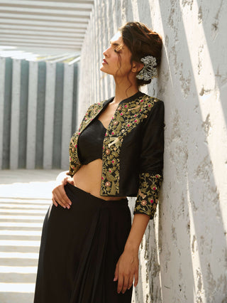 Parakeet Black Jacket And Draped Skirt Set by Chamee And Palak available on Indiaspopup