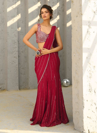 Halley Red Pre-Draped Sari And Blouse by Chamee And Palak available on Indiaspopup