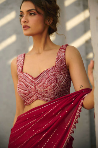 Halley Red Pre-Draped Sari And Blouse by Chamee And Palak available on Indiaspopup